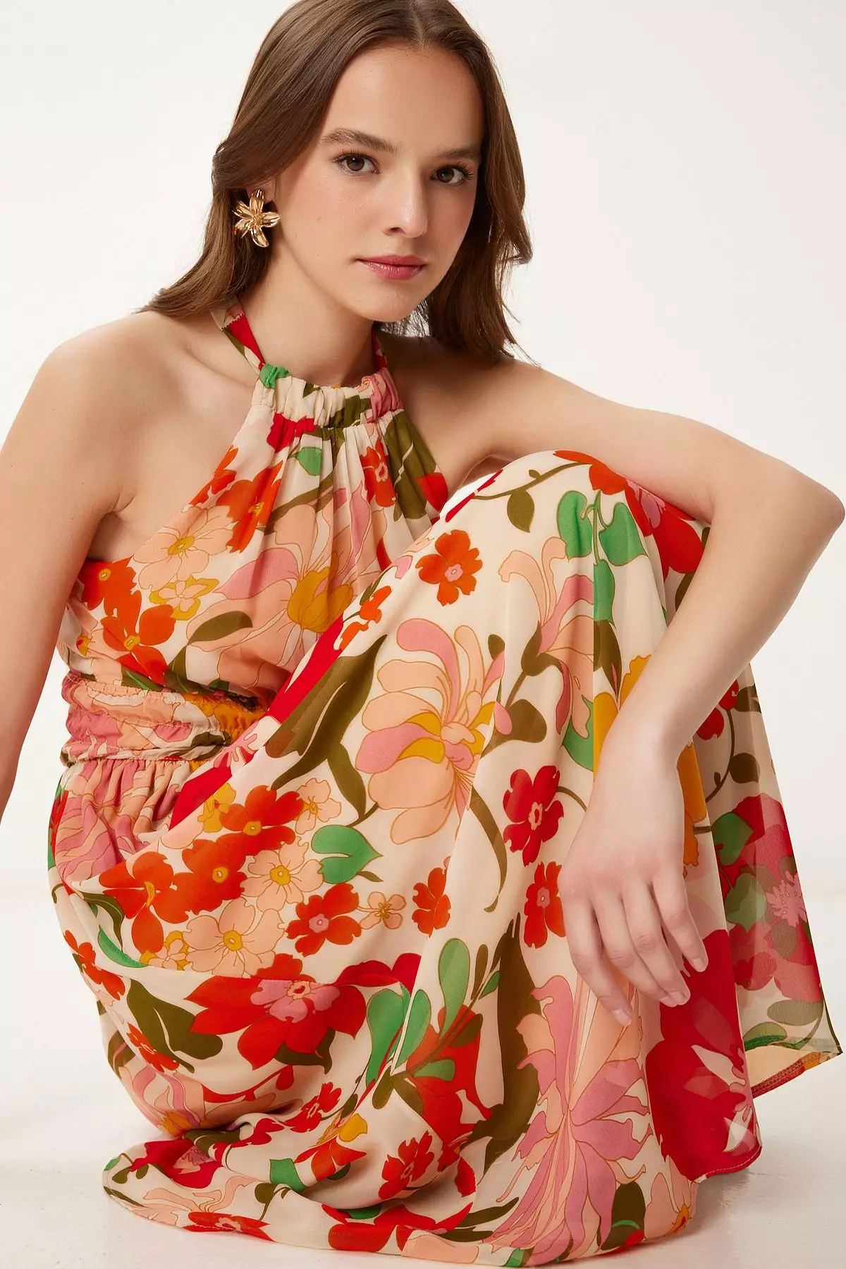 Women's Orange Pink Patterned Flounced Midi Chiffon Dress Fg00029