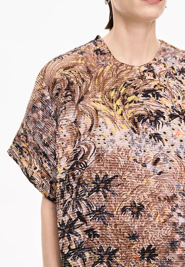 混纺图案元素A型压褶短袖连衣裙