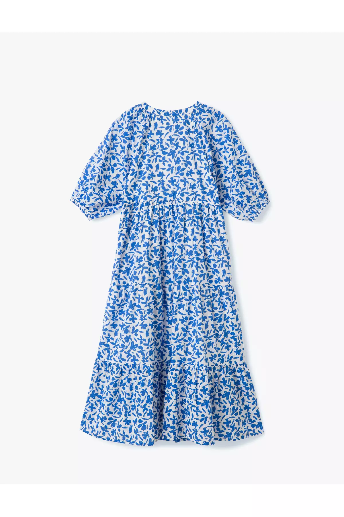 棉質內襯中式領燈籠袖長款花卉連身裙