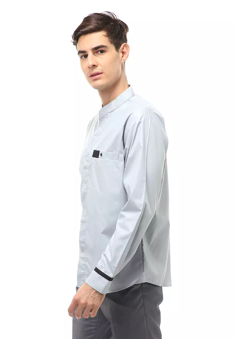Dwan Atasan Formal Pria Kemeja Koko Simple Motive Long Sleeve Material Cotton ORIGINAL -  Gray