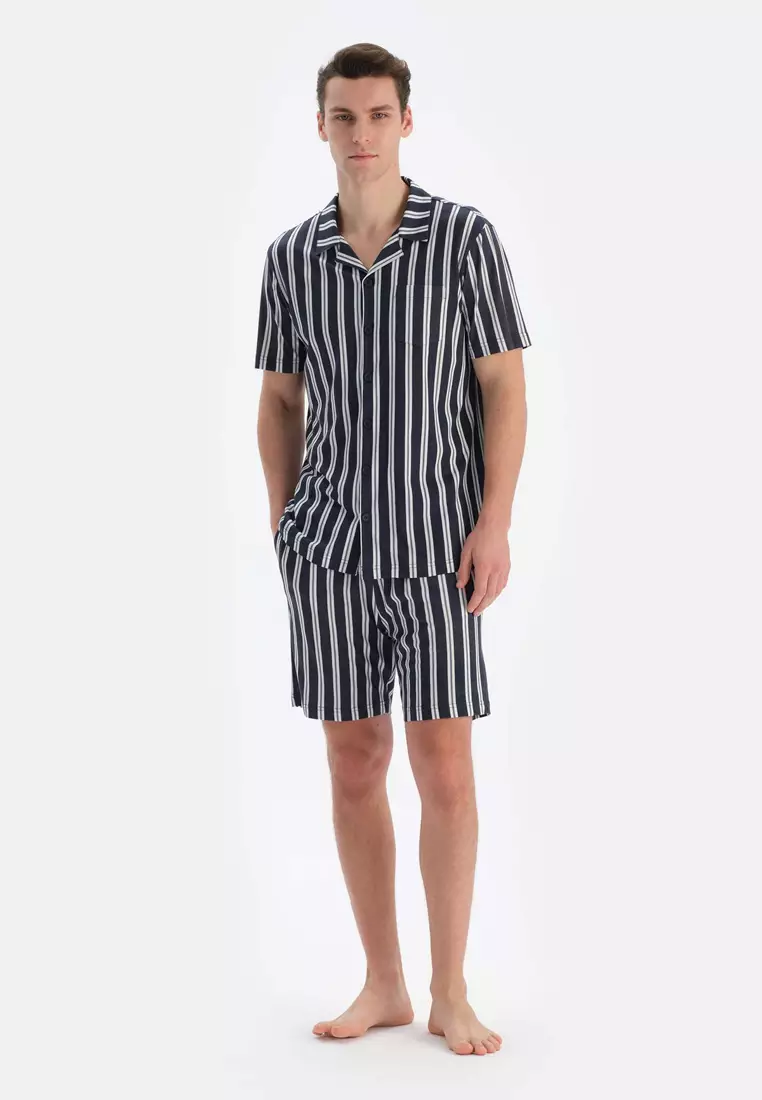 Multicolor Shirt & Shorts Knitwear Set, Striped, Shirt Collar, Regular, Short Leg, Short Sleeve Sleepwear for Men