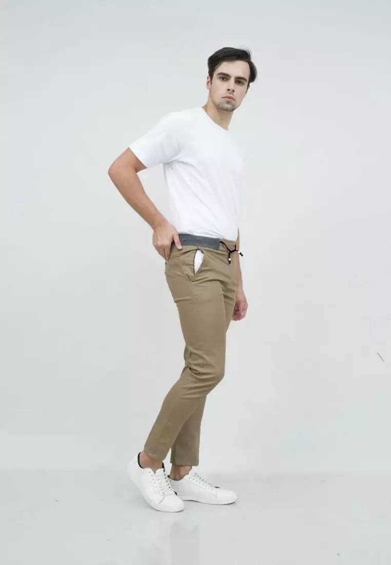 Celana chino panjang cino slim fit PINGGANG KARET krem tua houseofcuff