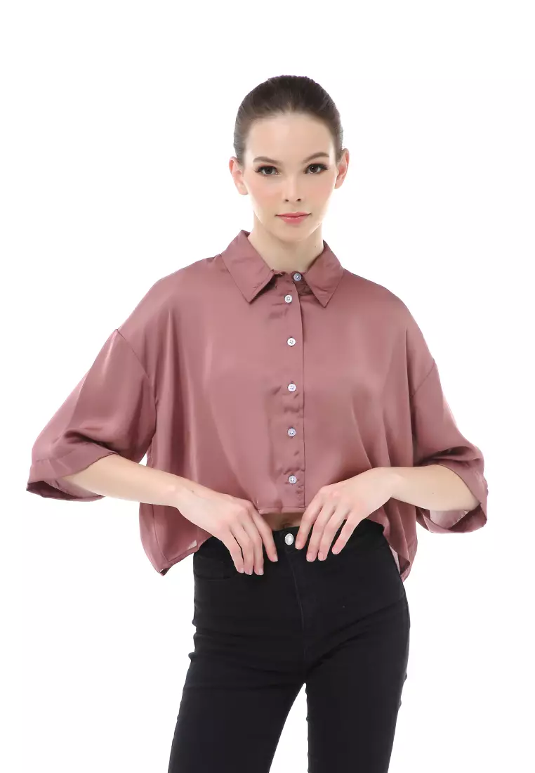 Brielle Atasan Wanita Kemeja Oversize Plain Motive Lengan Pendek Material Satin ORIGiNAL - Mauve