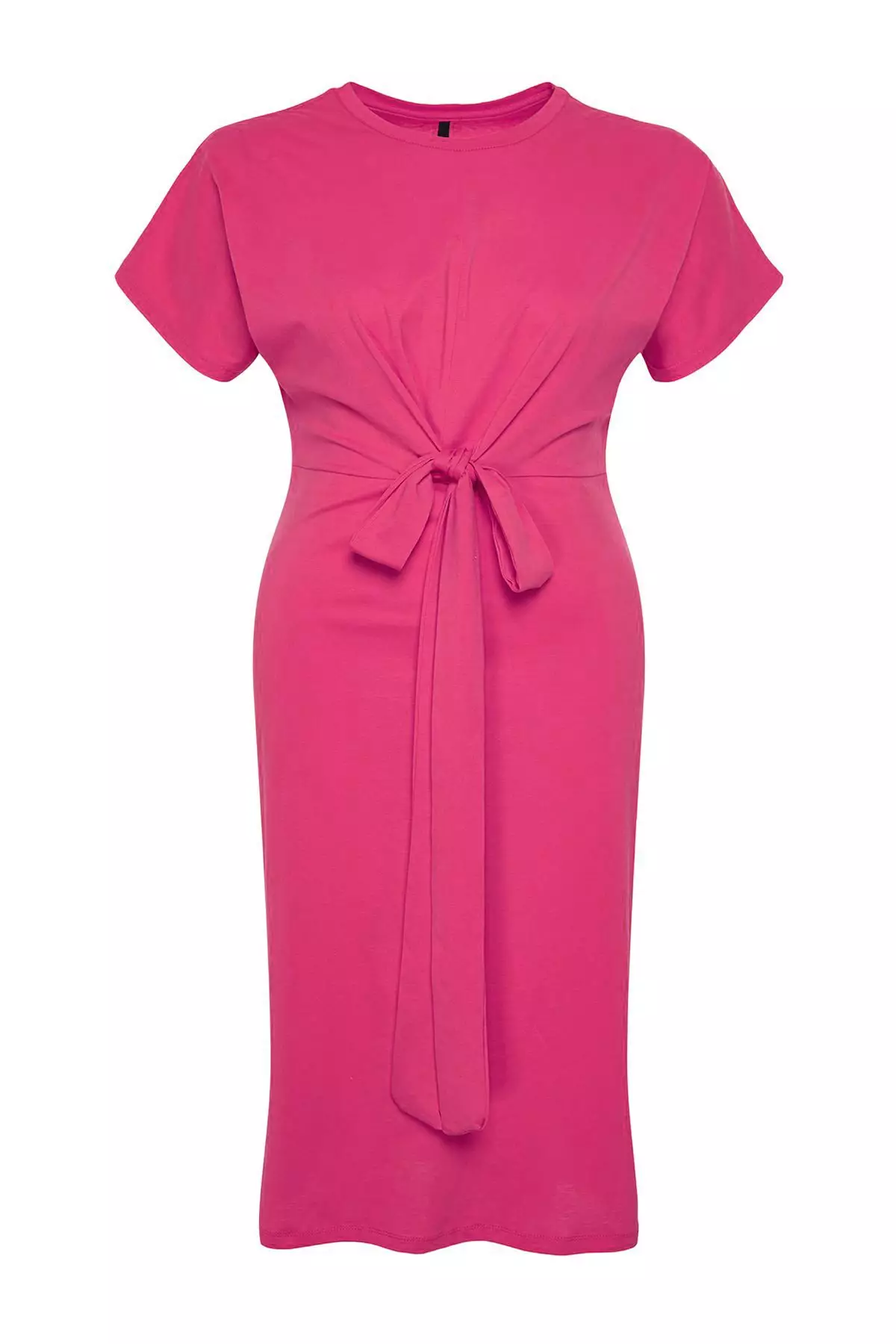Pink Straight Cut Tie Detail With Slits Maxi/Long 100% Cotton Knitted Plus Size Dress Tbbss22El1640