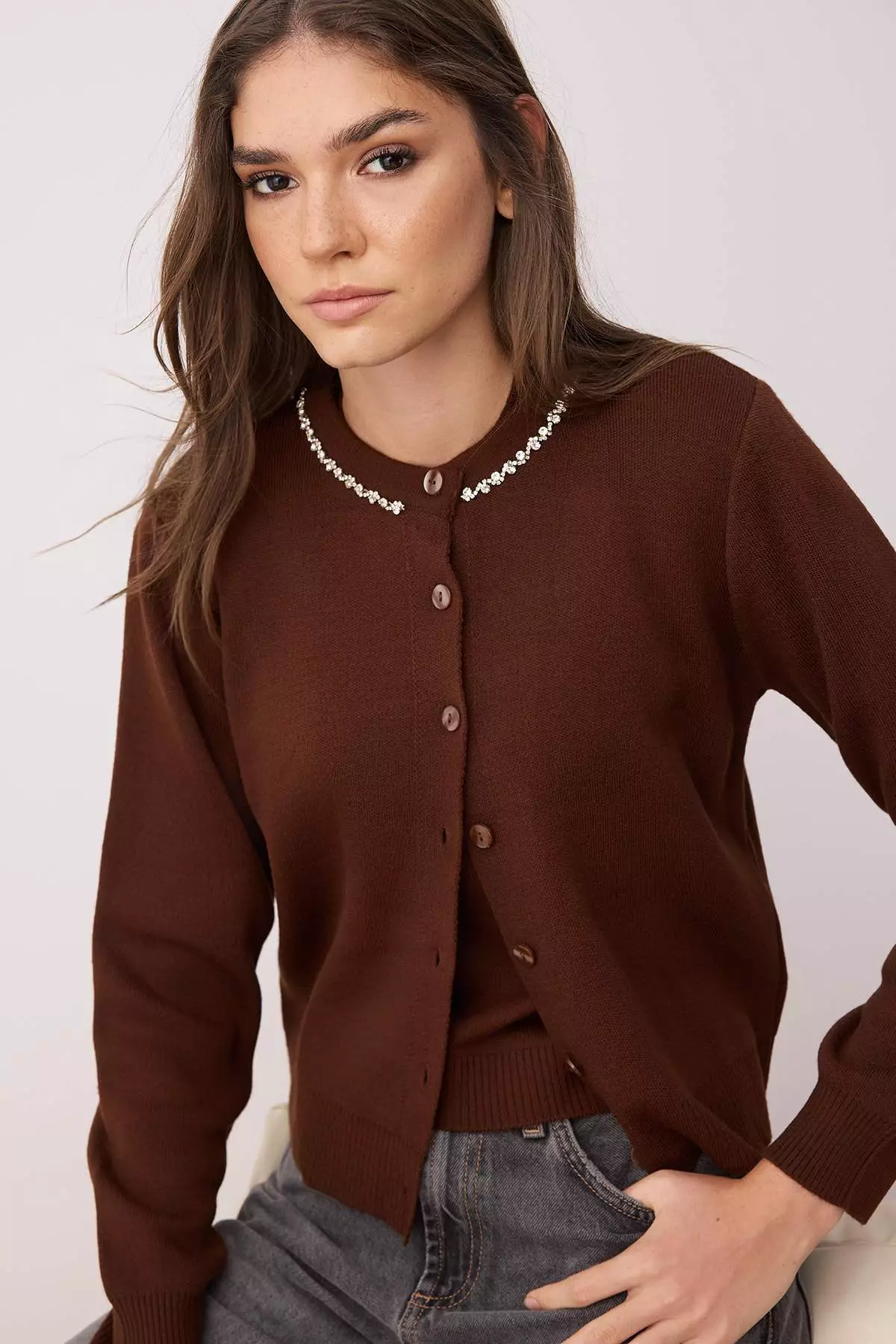Brown Stone Detailed Soft Textured Double Knitwear Cardigan Blouse