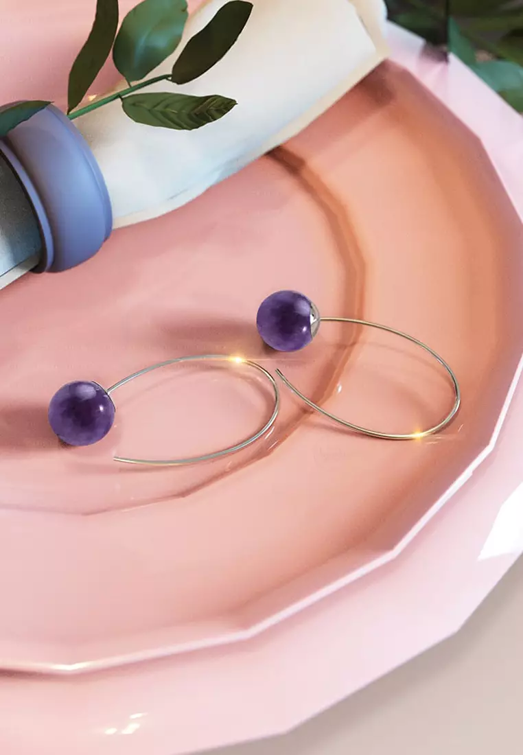 Solid 925 Sterling Silver Round Amethyst Dangle Earrings