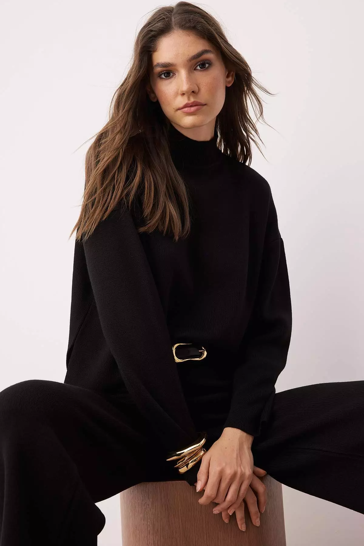 Black Striped Knitted Trousers Bottom-Top Set Twoaw24Au00045