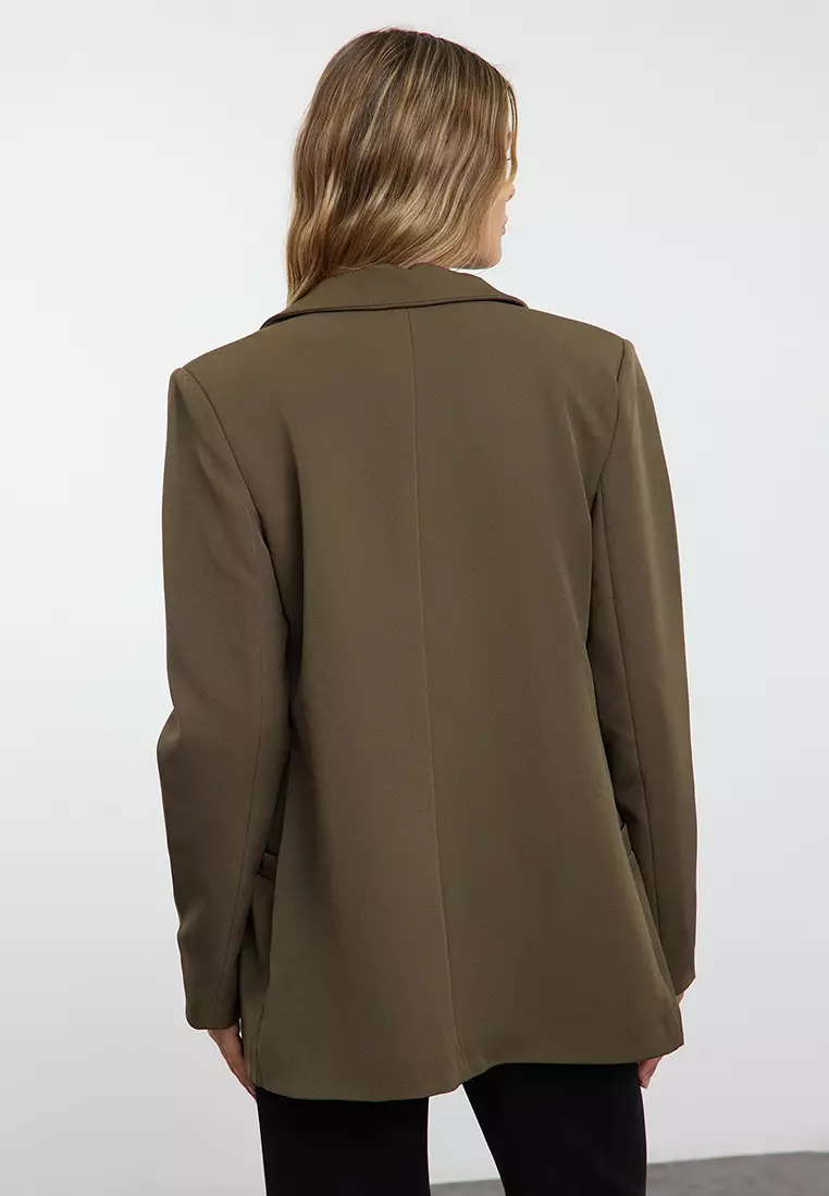 Dark Khaki Regular Lined Detailed Woven Blazer Jacket