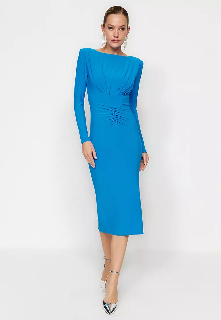 Buy Nelly Mesh Ruched Front Dress - Blue