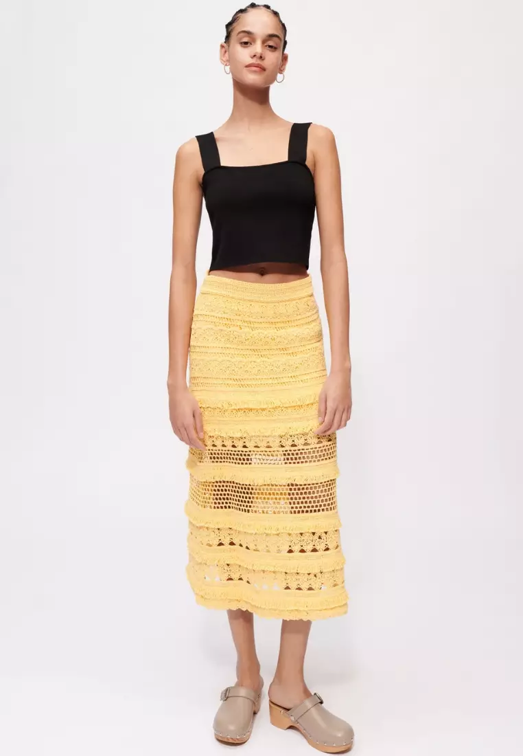 Crochet knit skirt with fringing