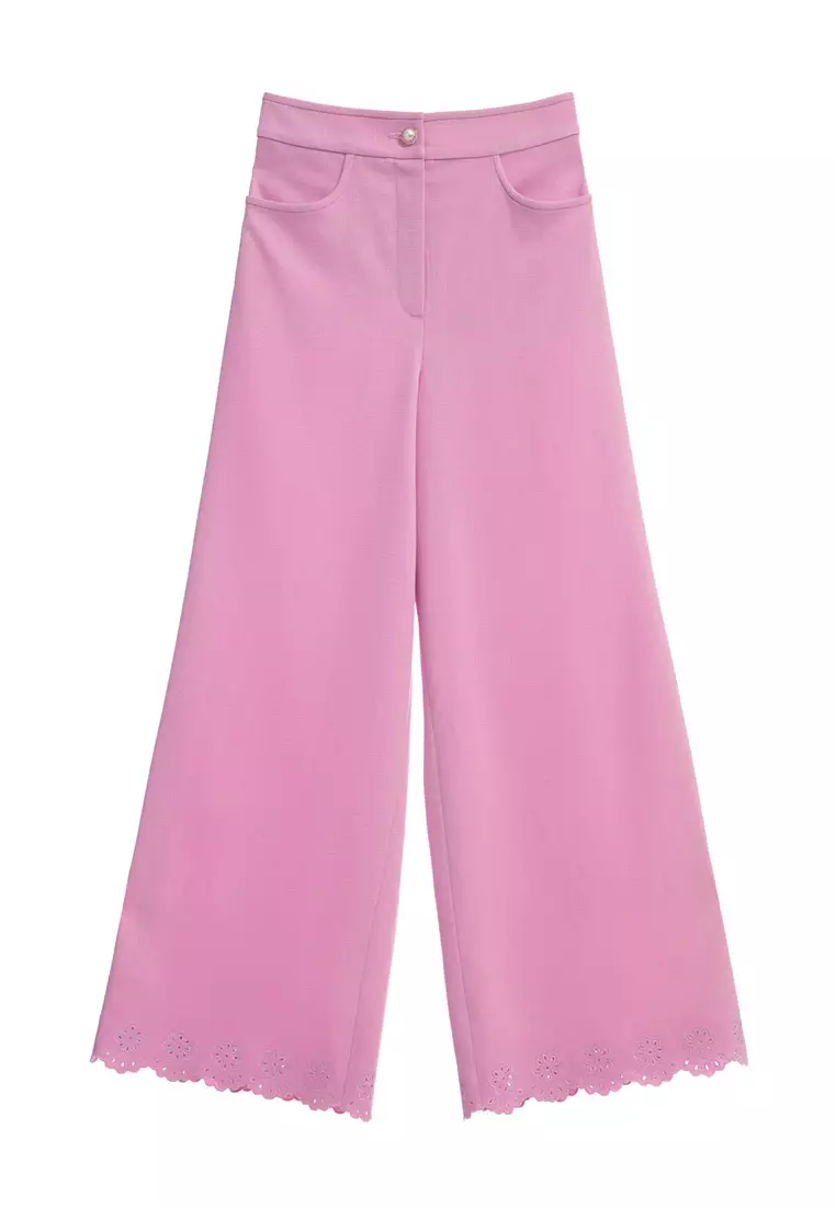 Pink Wide Leg Pants With Floral Embroidery Detail