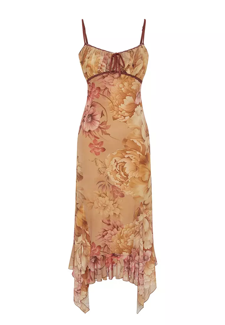 Multicolored A-Line Floral Patterned Ruffle Knitted Tulle Dress TPRSS24EL00133