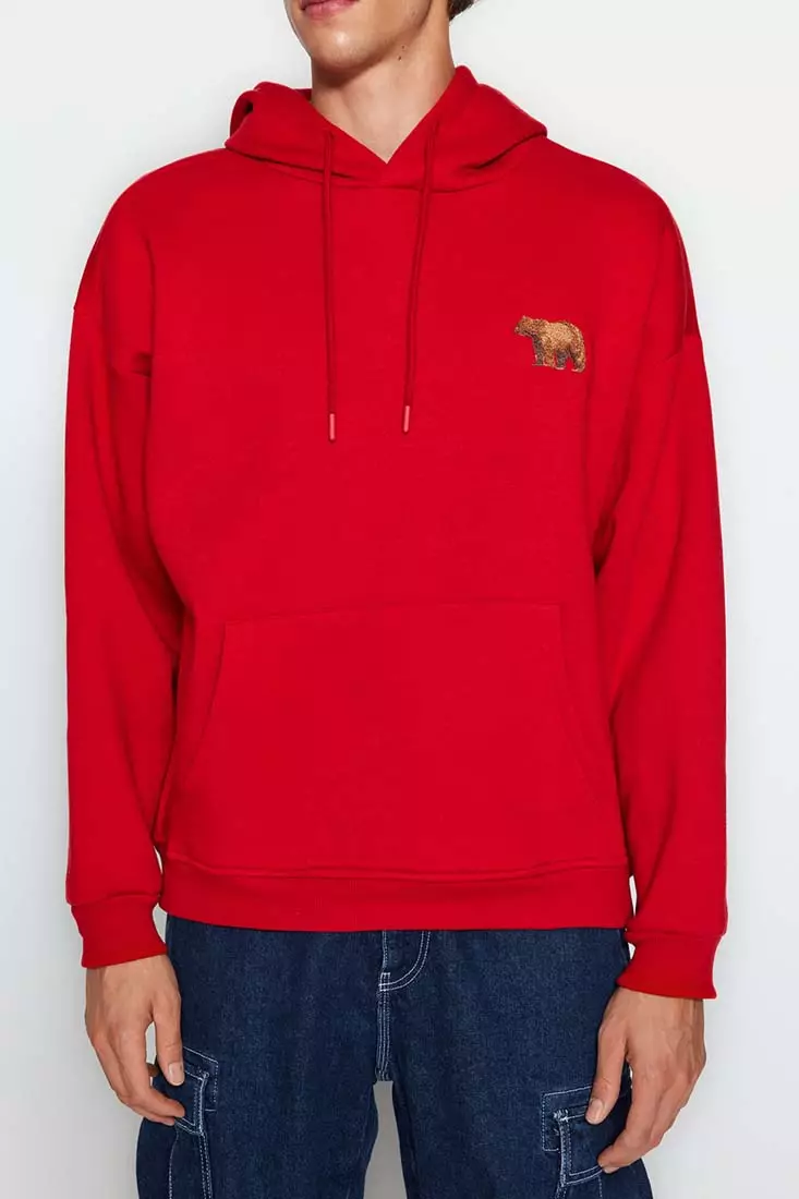 Buy Trendyol Men's Red Oversize Hoodie with Animal Embroidery and