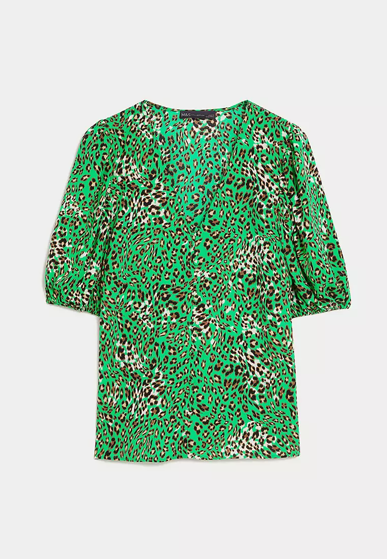 Printed V-Neck Puff Sleeve Blouse