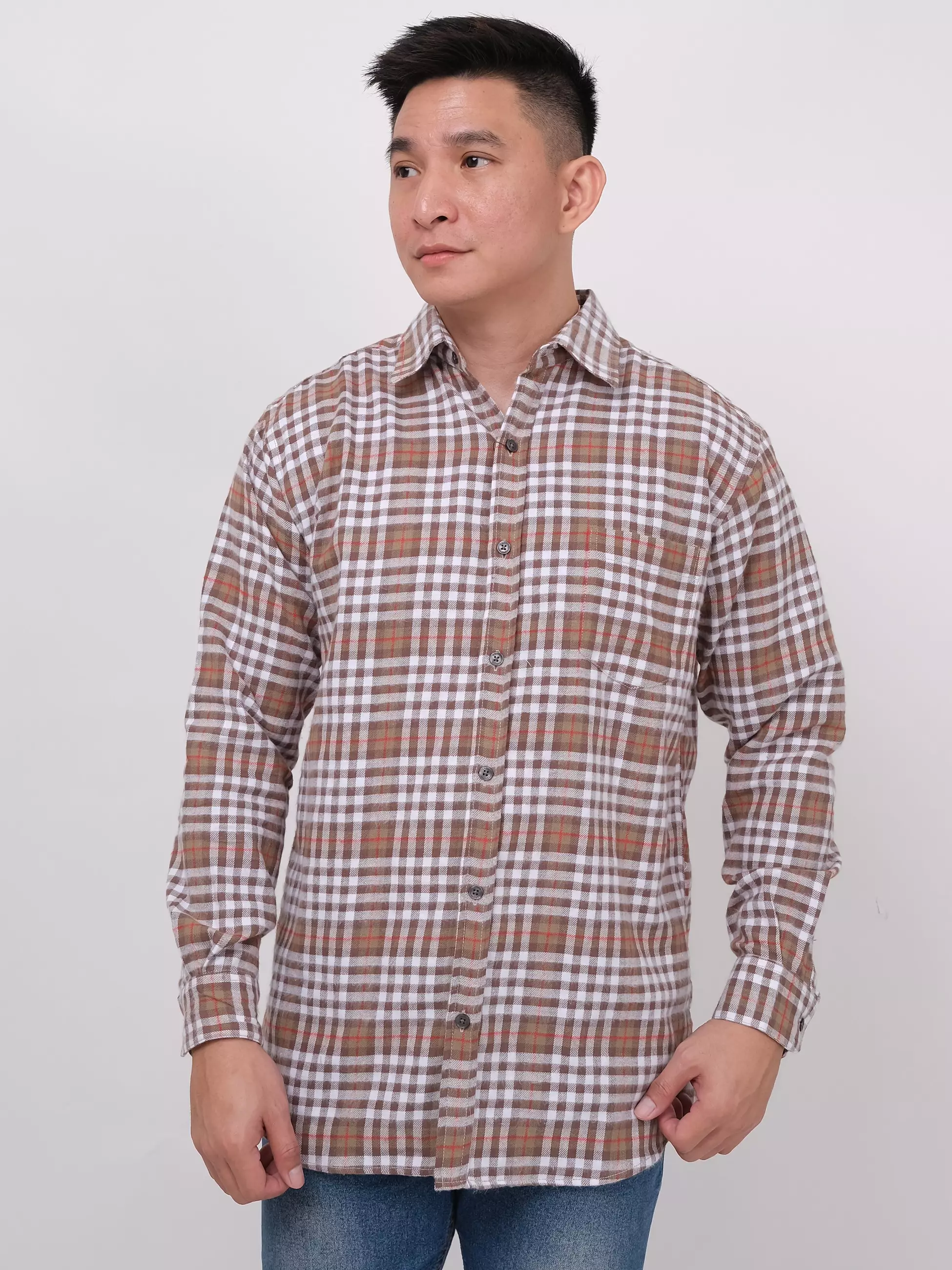 Kemeja Flannel Lengan Panjang Cokelat Muda Kotak-Kotak 16842