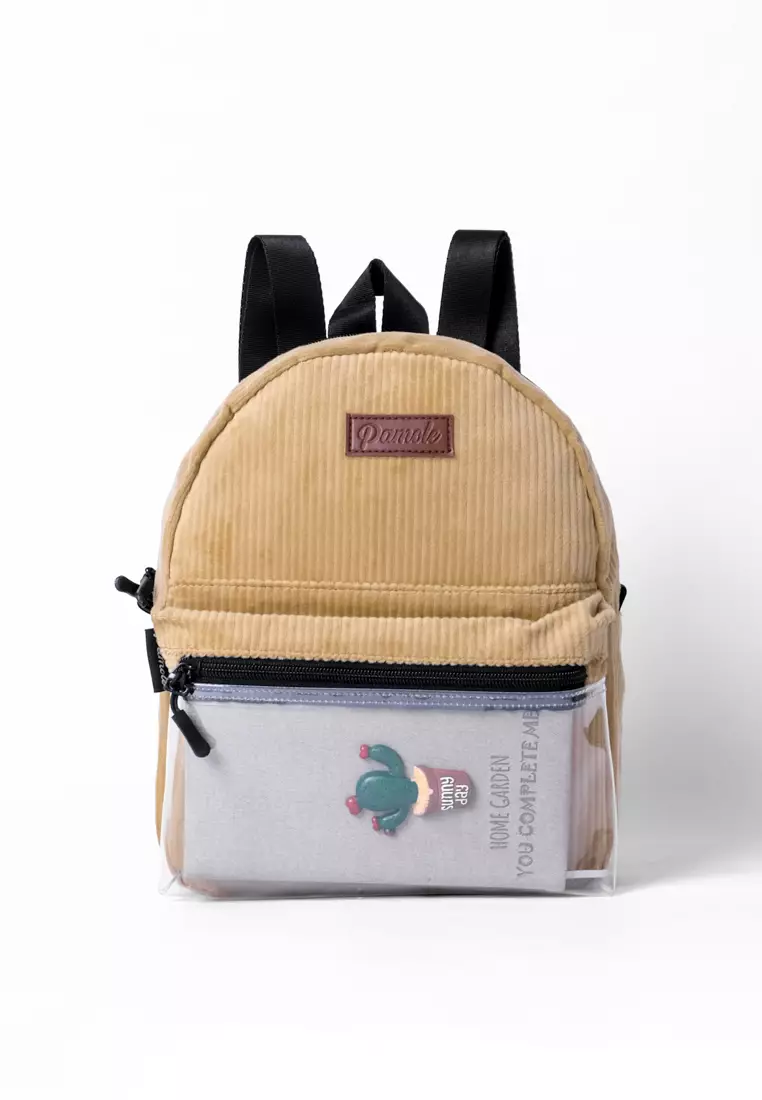 Tas Ransel Wanita Bahan Corduroy Penutup Resleting Celine Series Coklat Muda