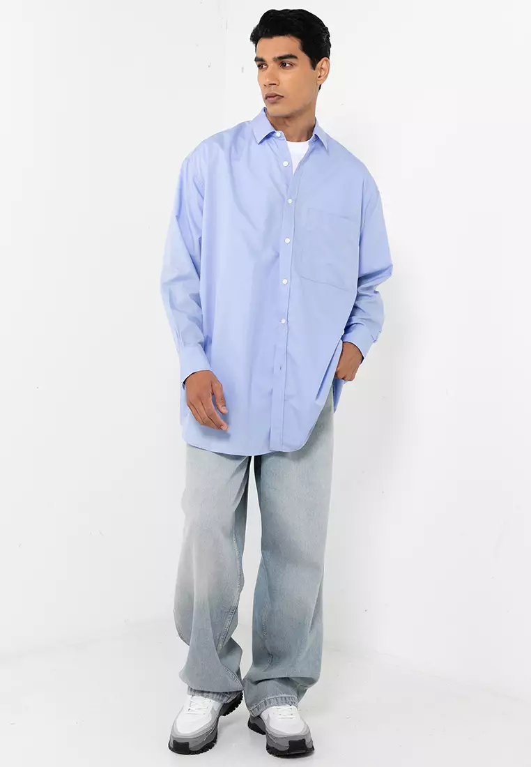 oversized dress shirt men Circe Short Sleeve MOONSTONE BLUE Front button placket Oversize Beige Men's T-shirt With