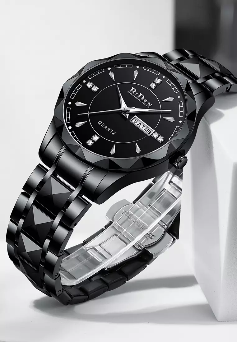 Jam Tangan Pria Anti Air Original Cowok Kalender Bercahaya Analog Luminous Stainless Steel Men Watch Hitam