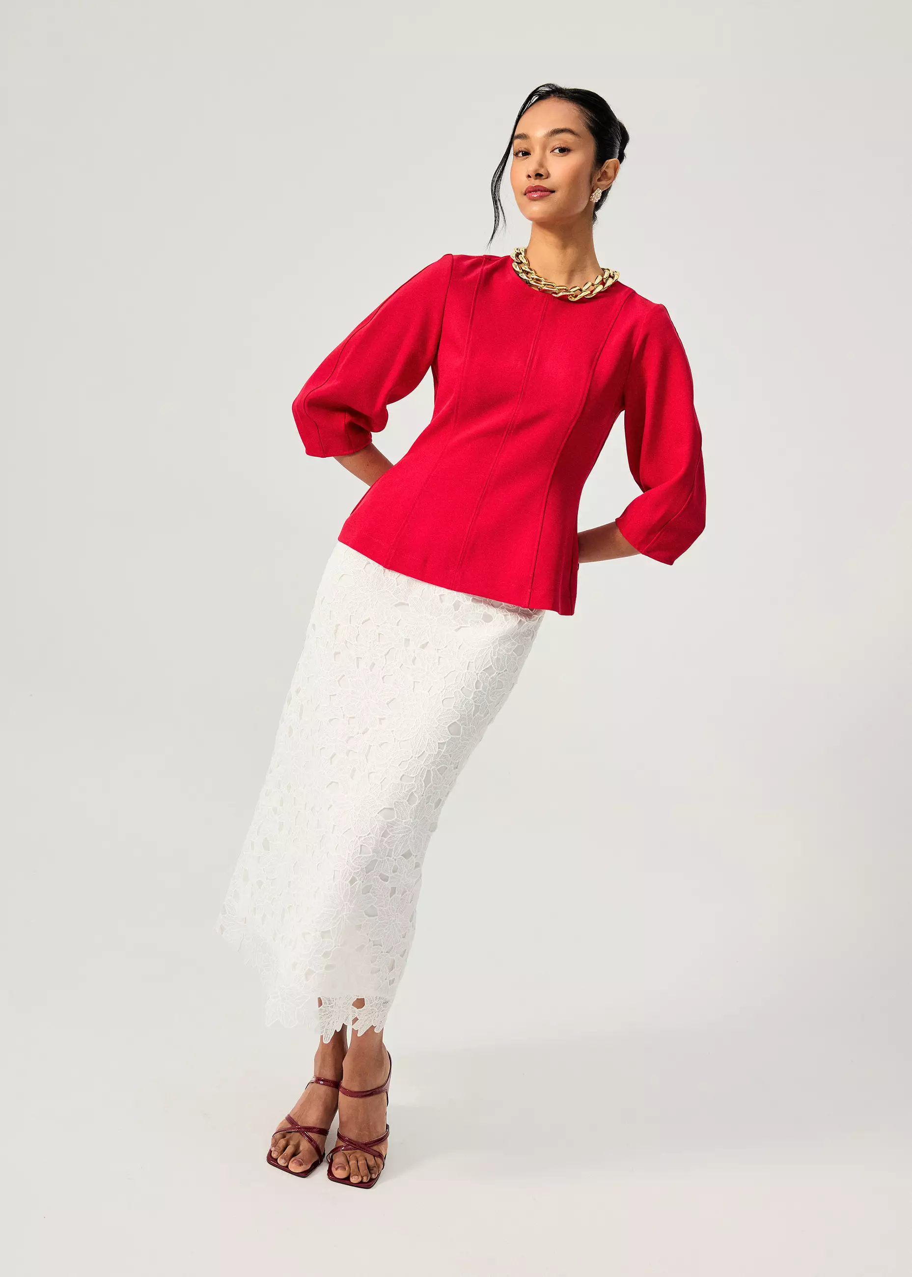 Rok Wanita - Floral Lace Column Midi Skirt