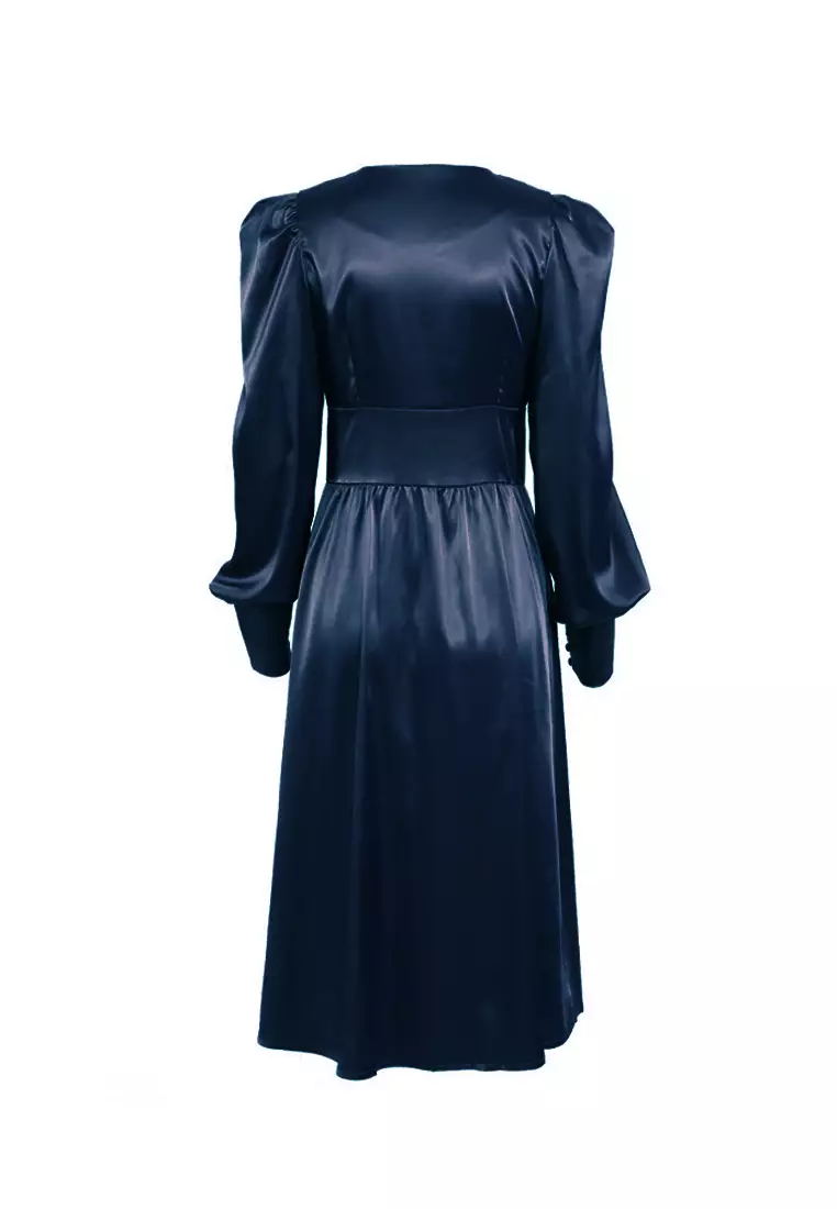 气质缎面灯笼袖收腰设计感连衣裙A121822BL