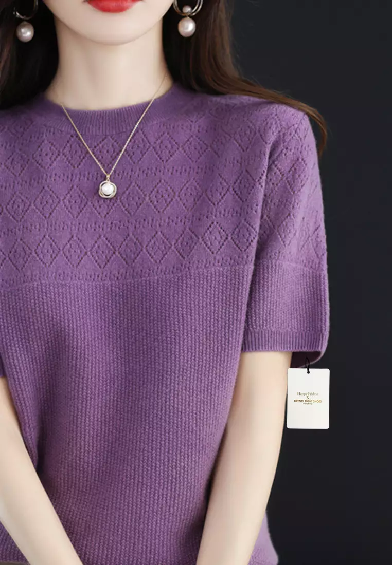 Rhombus Hollow Out Pattern Short Sleeve Knit Top JW QT-291