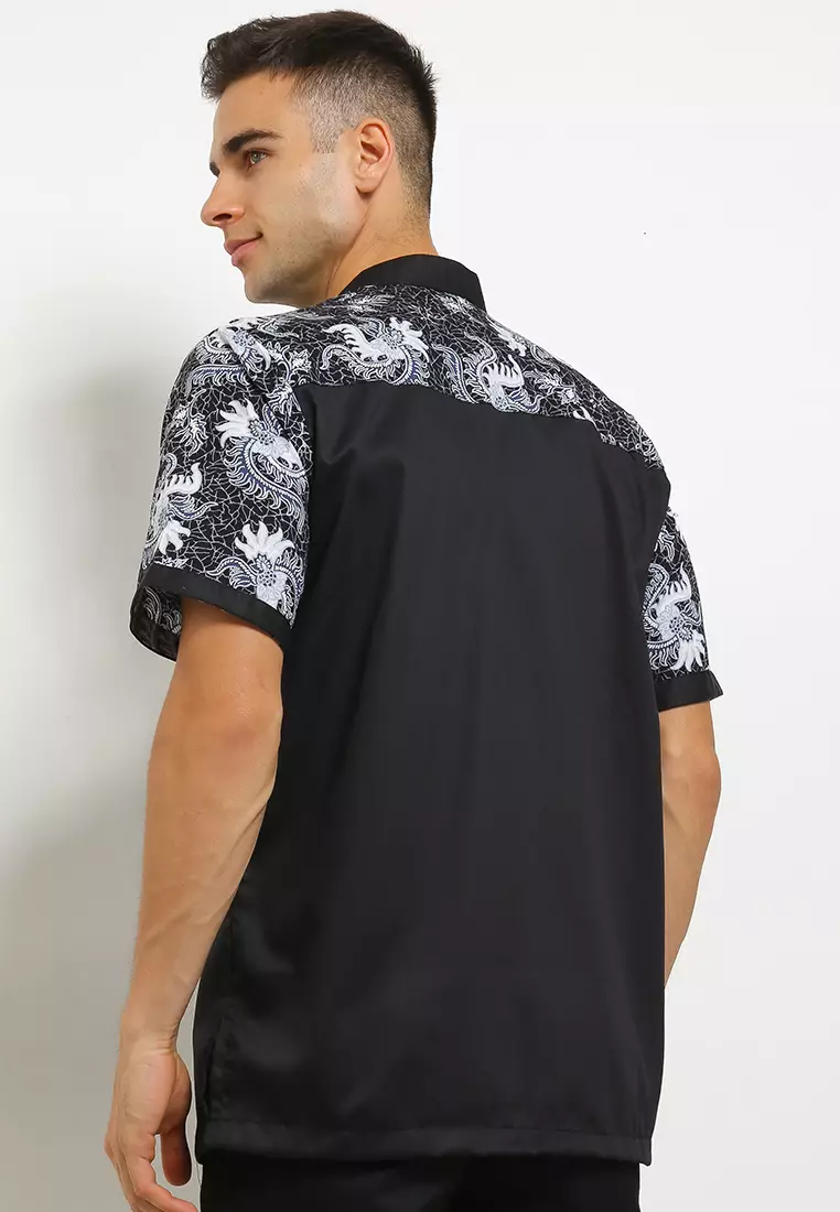 Hem Kemeja Batik Pria Lengan Pendek Koko Shanghai Katun Premium Faiz Black