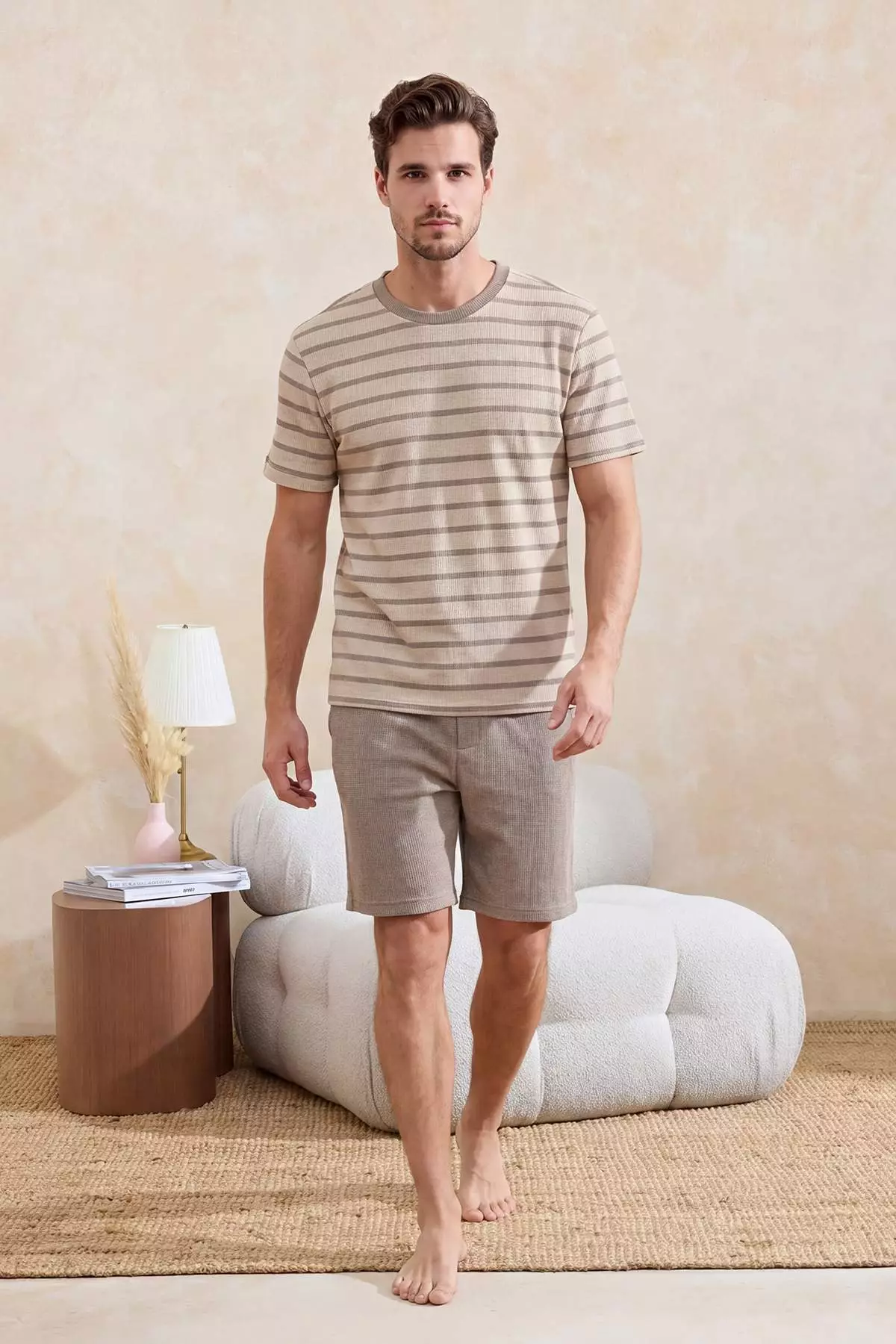 Buy Trendyol Brown-Ecru Regular Cut Striped Textured Pajama Set ...