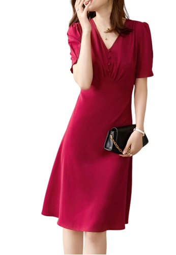 Buy OUNIXUE Elegant V-Neck Solid Color Dress 2023 Online | ZALORA Singapore