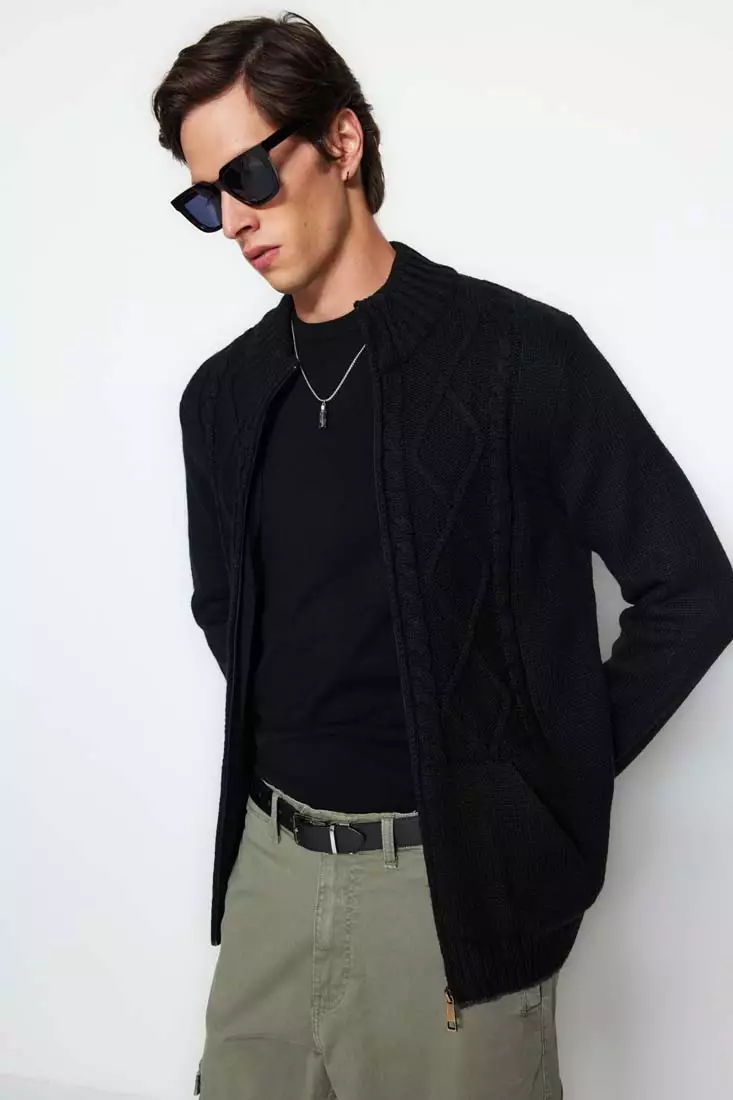 Trendyol Black Men s Slim Fit Knitted Detail Zippered