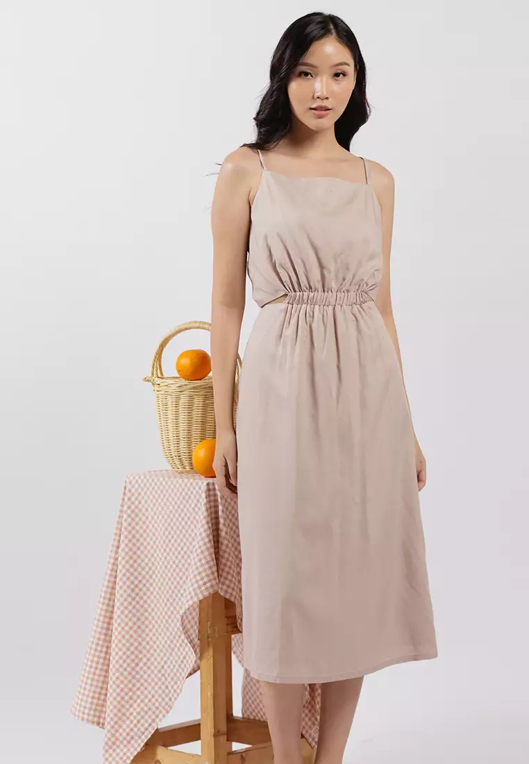 Jual Cloth Inc Reversible Ruched Waist Dress in Sand Original 2026 ...