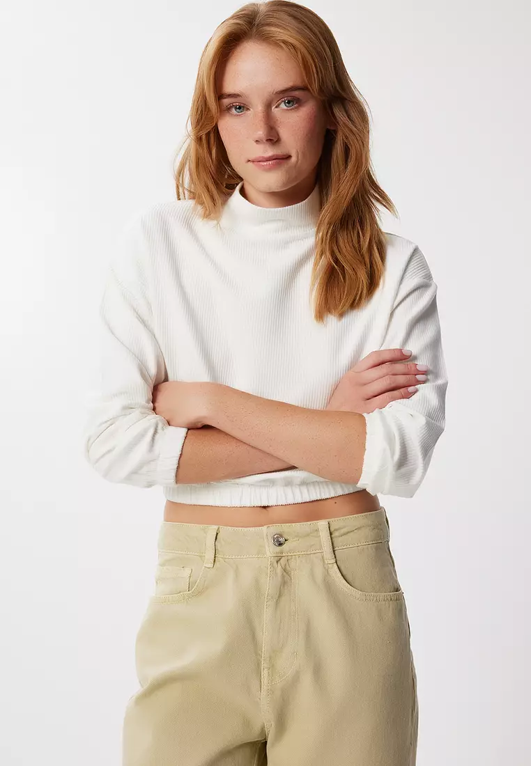 Elastic Waist Crop Sweater