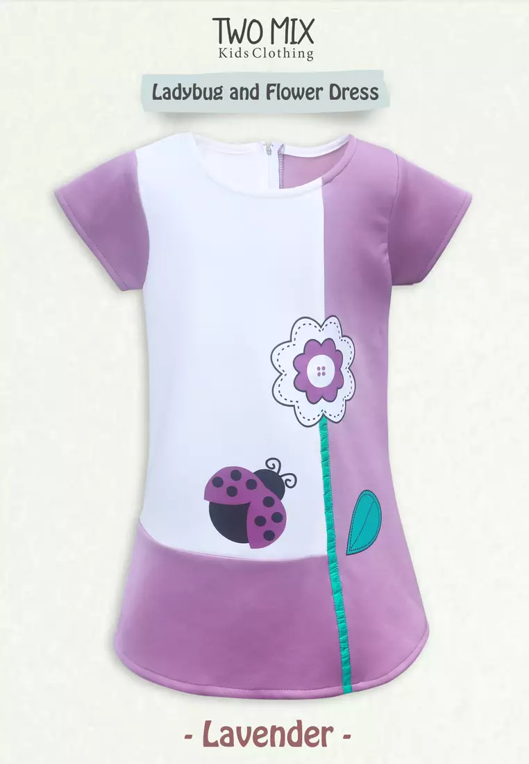 Two Mix Dress Anak Perempuan - Baju Anak Fashion Motif Bunga 4093 Lavender