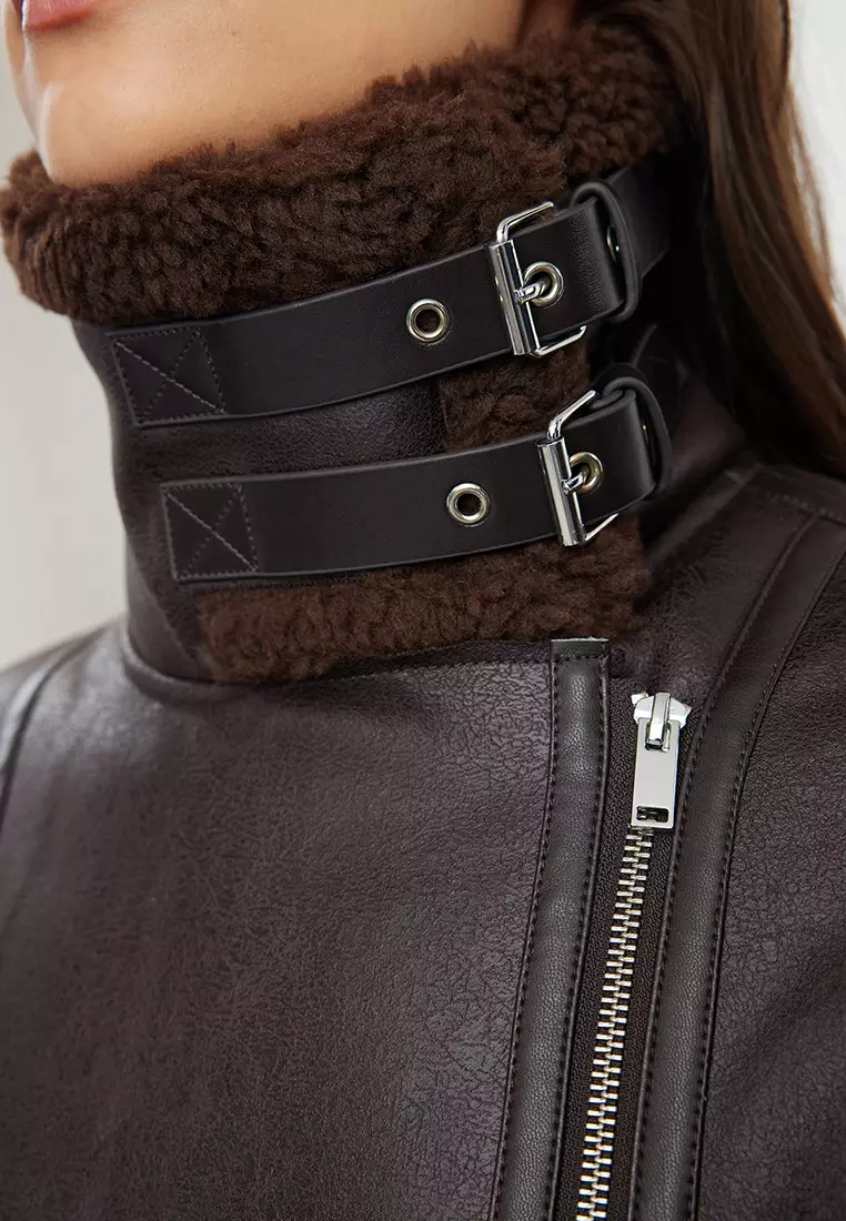 Dark Brown Regular Fit Collar Belt Detailed Plush Suede Biker Jacket Coat Twoaw25Mo00011