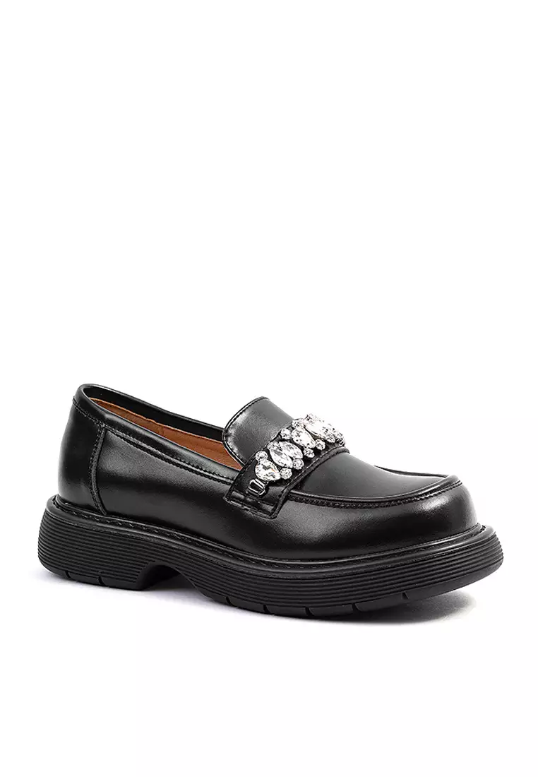 Leather Rhinestone Chain Loafers MZ2752