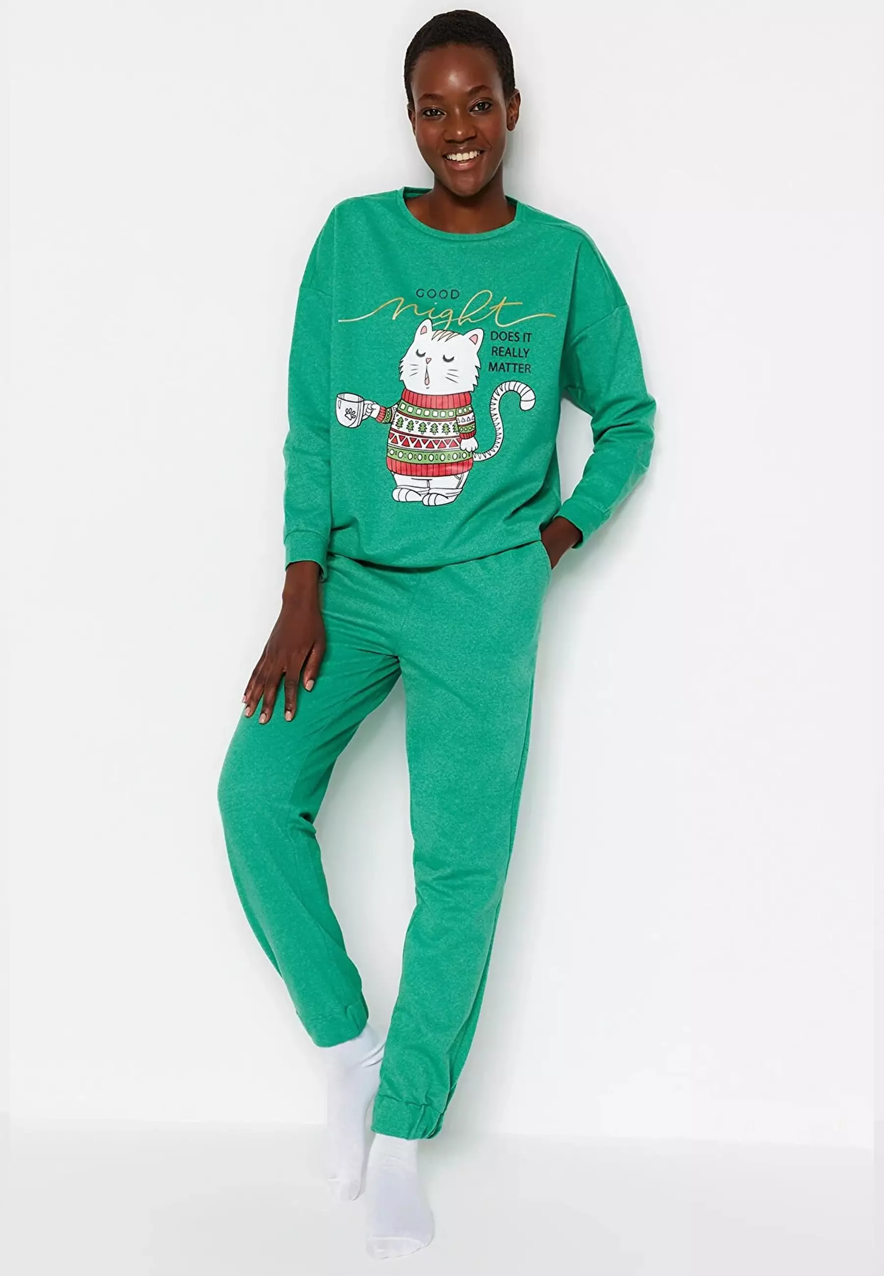 Buy Trendyol Green Christmas Themed Knitted Pajamas Set 2024