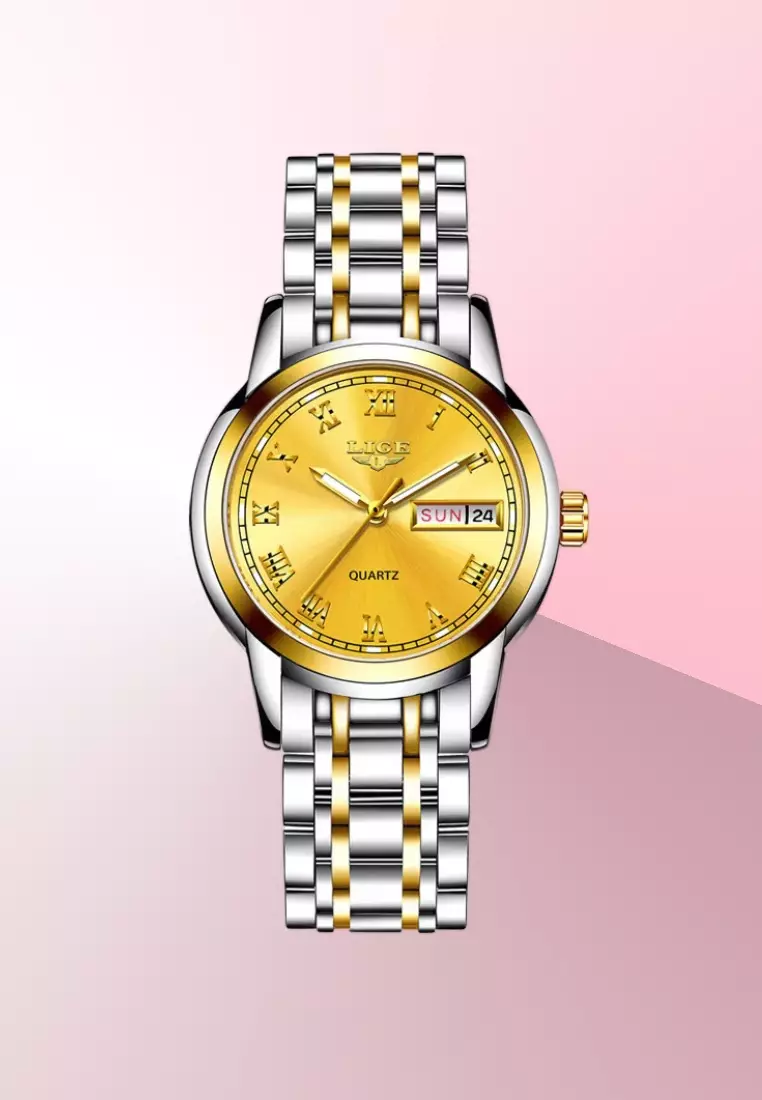 Ladies Day/Date Light Metal Alloy Quartz Watch, 31mm Diameter, Stainless Steel Bracelet