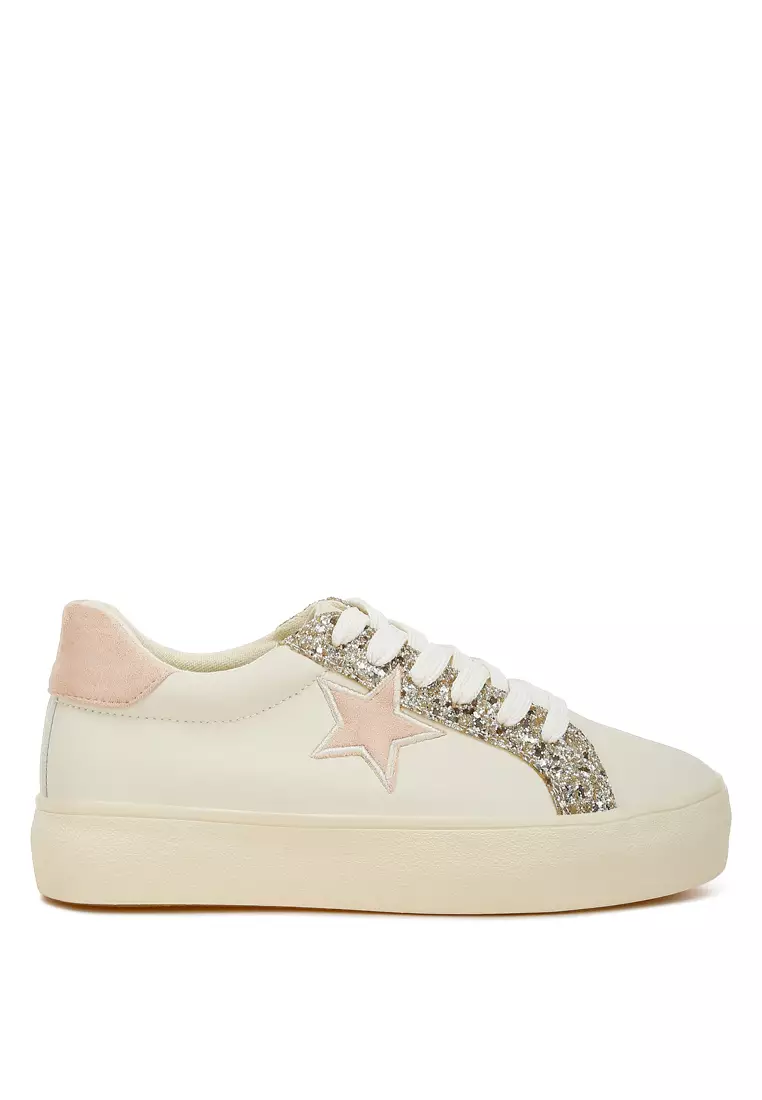 Discount on London Rag  shoes - SKU: Metallic Star Glitter Sneakers in Beige Light Gold