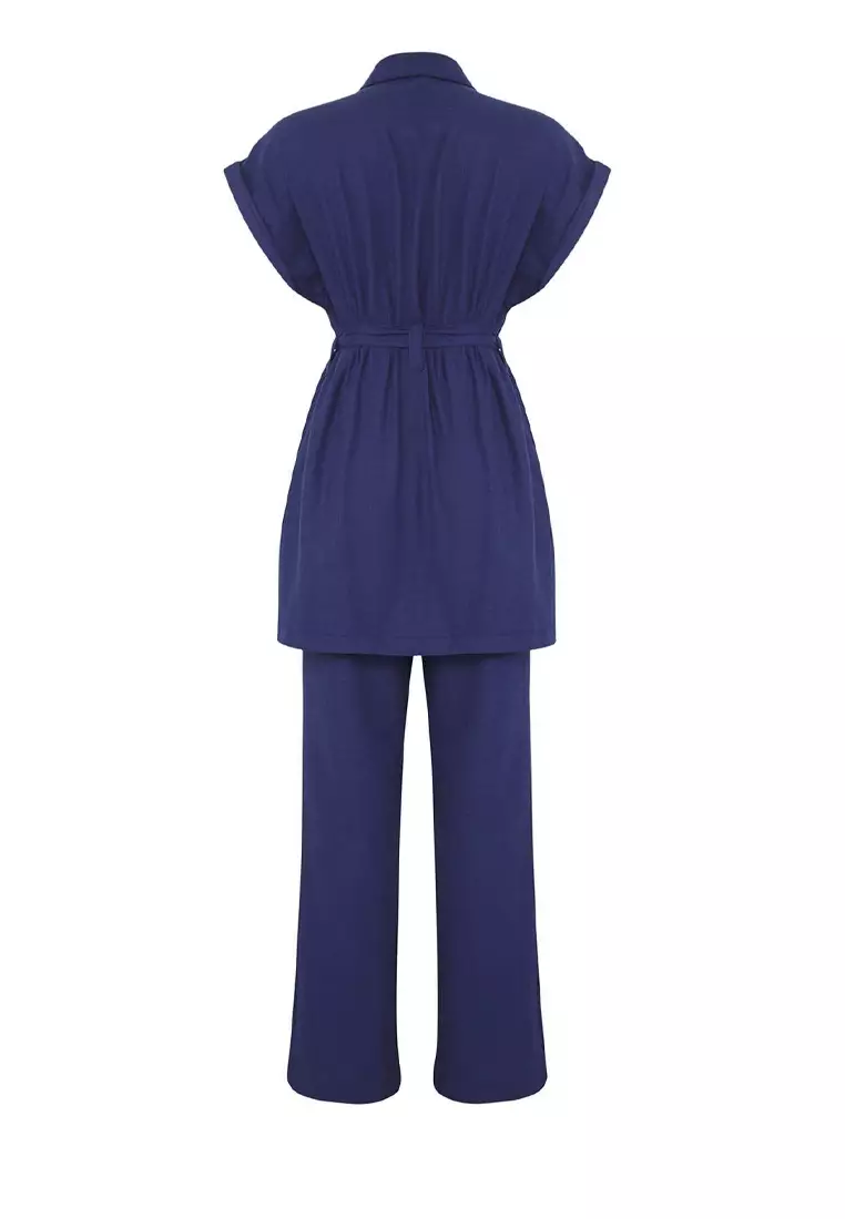 Navy Blue Linen Look Girdle Detailed Vest-Pants Woven Top and Bottom Set Tctss25Us00025
