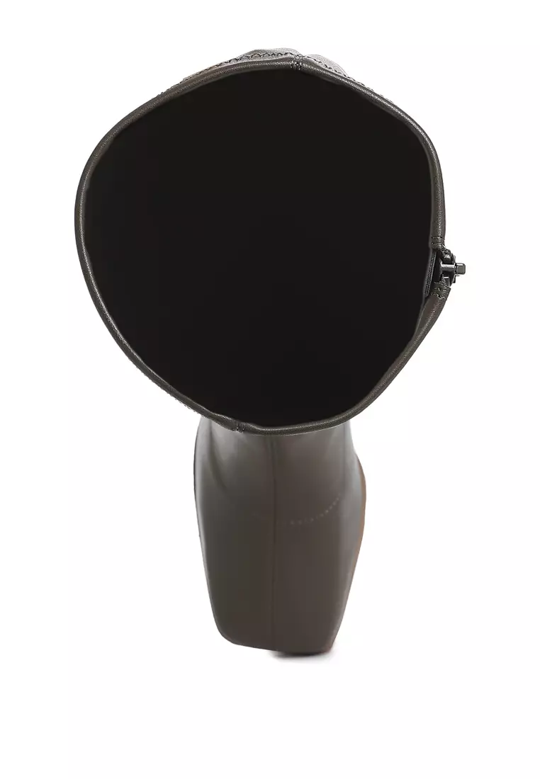 Sepatu bot hak blok kulit imitasi warna coklat