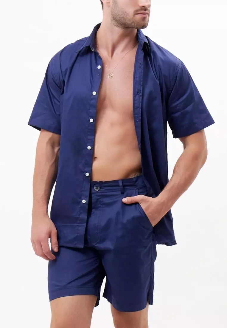 Luca Kemeja Pendek Pria Katun Organik Navy | Organic Cotton Short Sleeves Shirt Men Navy