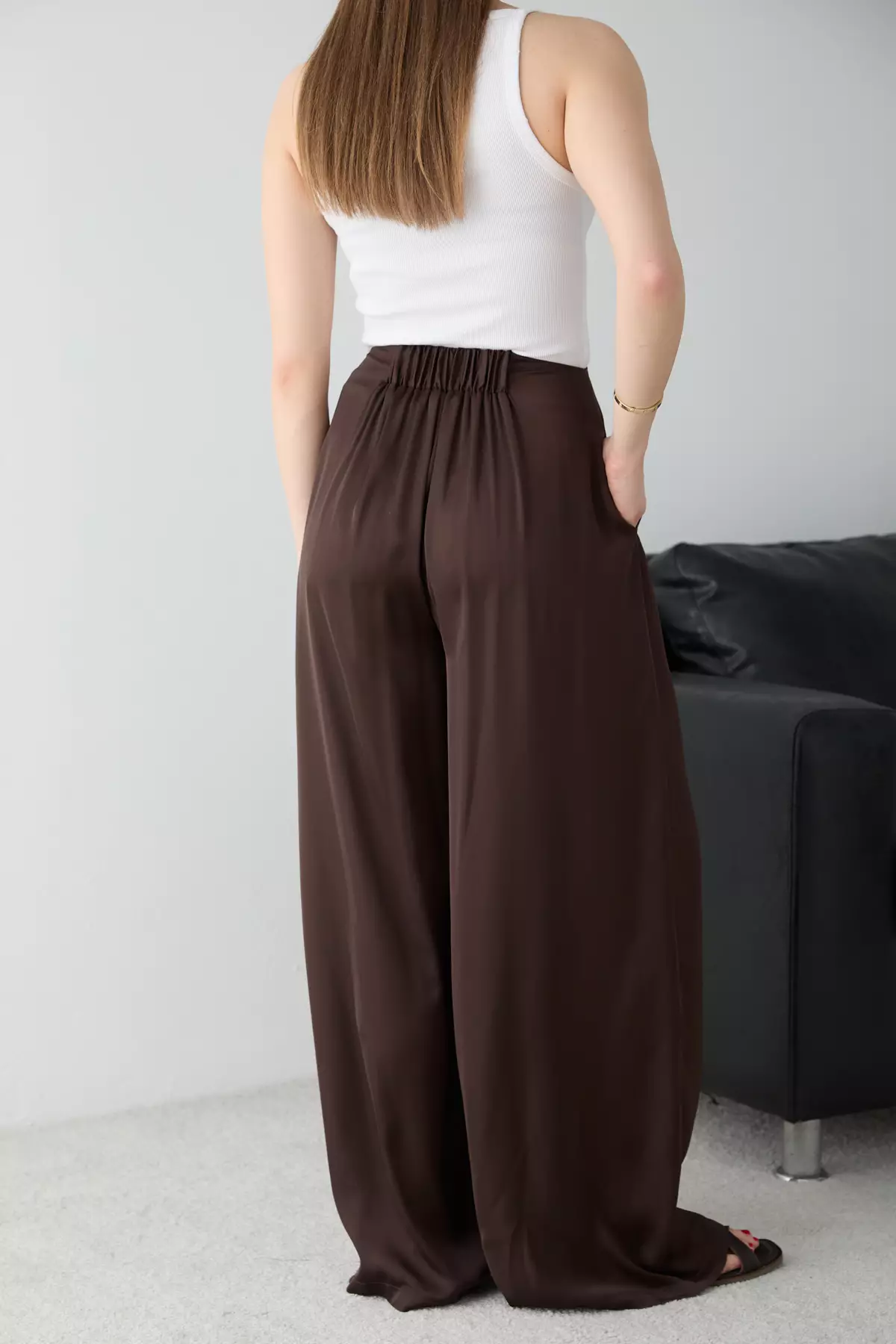 Brown Elastic Waist Extra Wide Leg Satin Trousers Twoss26Pl147
