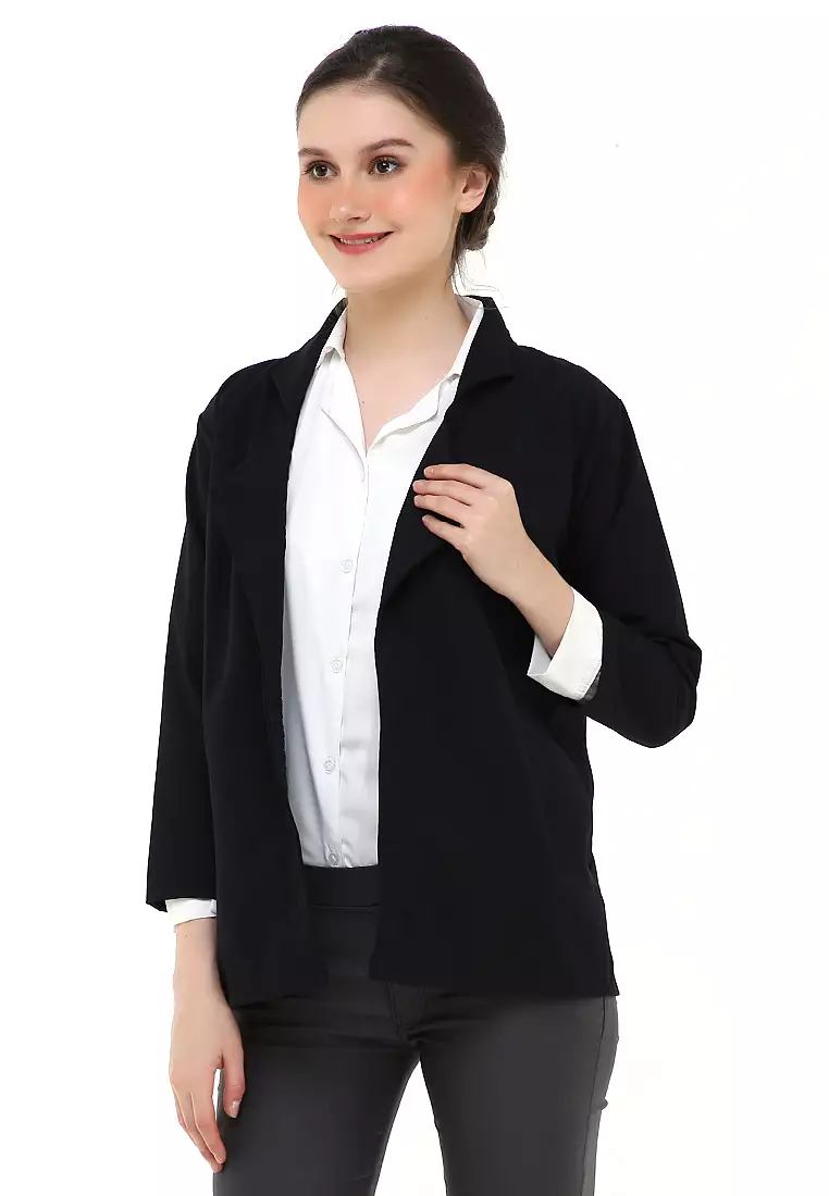 Qemsya Jas Blazer Wanita Long Outer Casual Suit Material Baby Canvas ORIGINAL - Black
