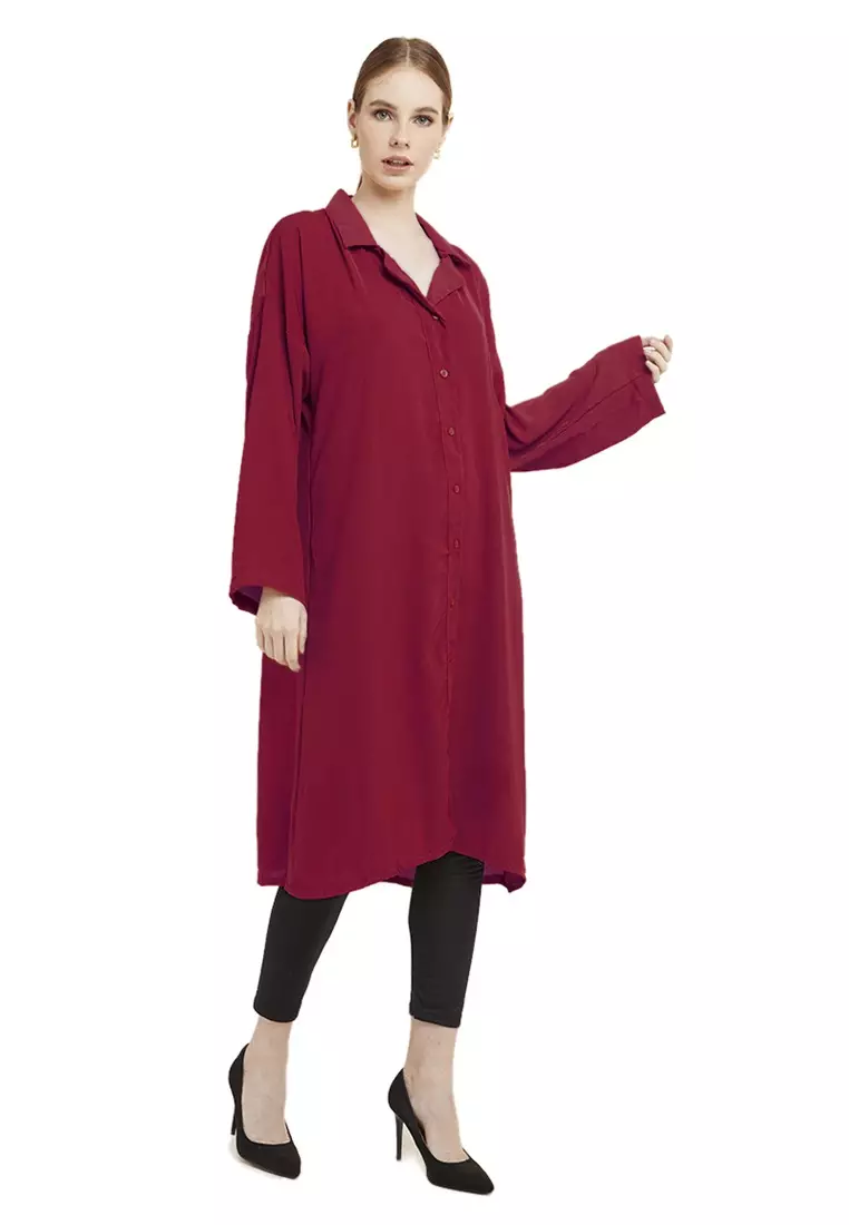 Qalita Tunik Kemeja Wanita Polos Plain Lengan Panjang Premium Quality - Maroon