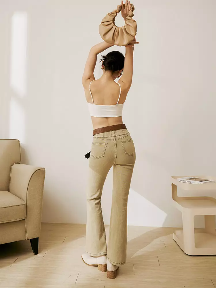 視覺細-5KG．鬆緊腰彈力炒鹽牛仔喇叭顯瘦褲薔薔款《BA7503》