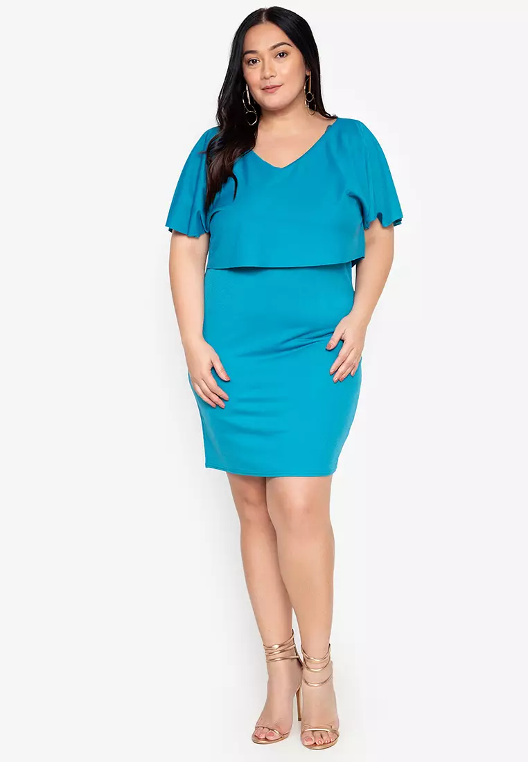 Buy Curvy Plus Size Cape Sleeves Plain Sheath Dress 2024 Online