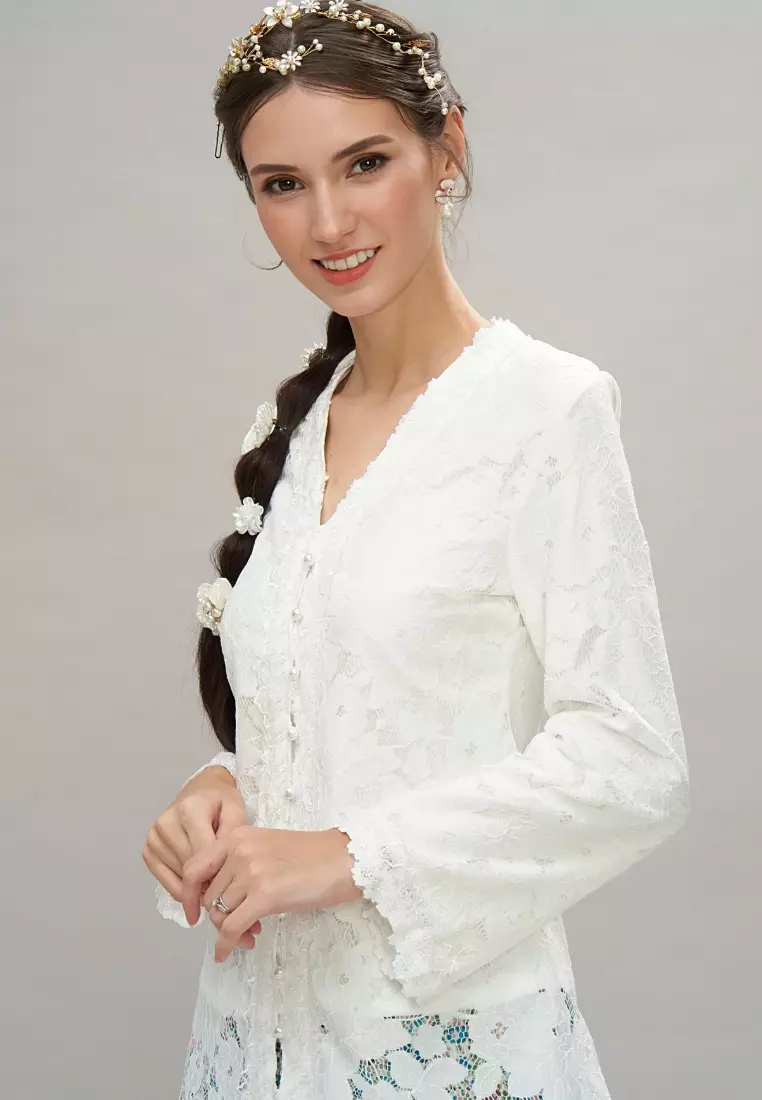 Premium White Applique Lace Kebaya Top & Teal Floral Maxi Skirt Hari Raya