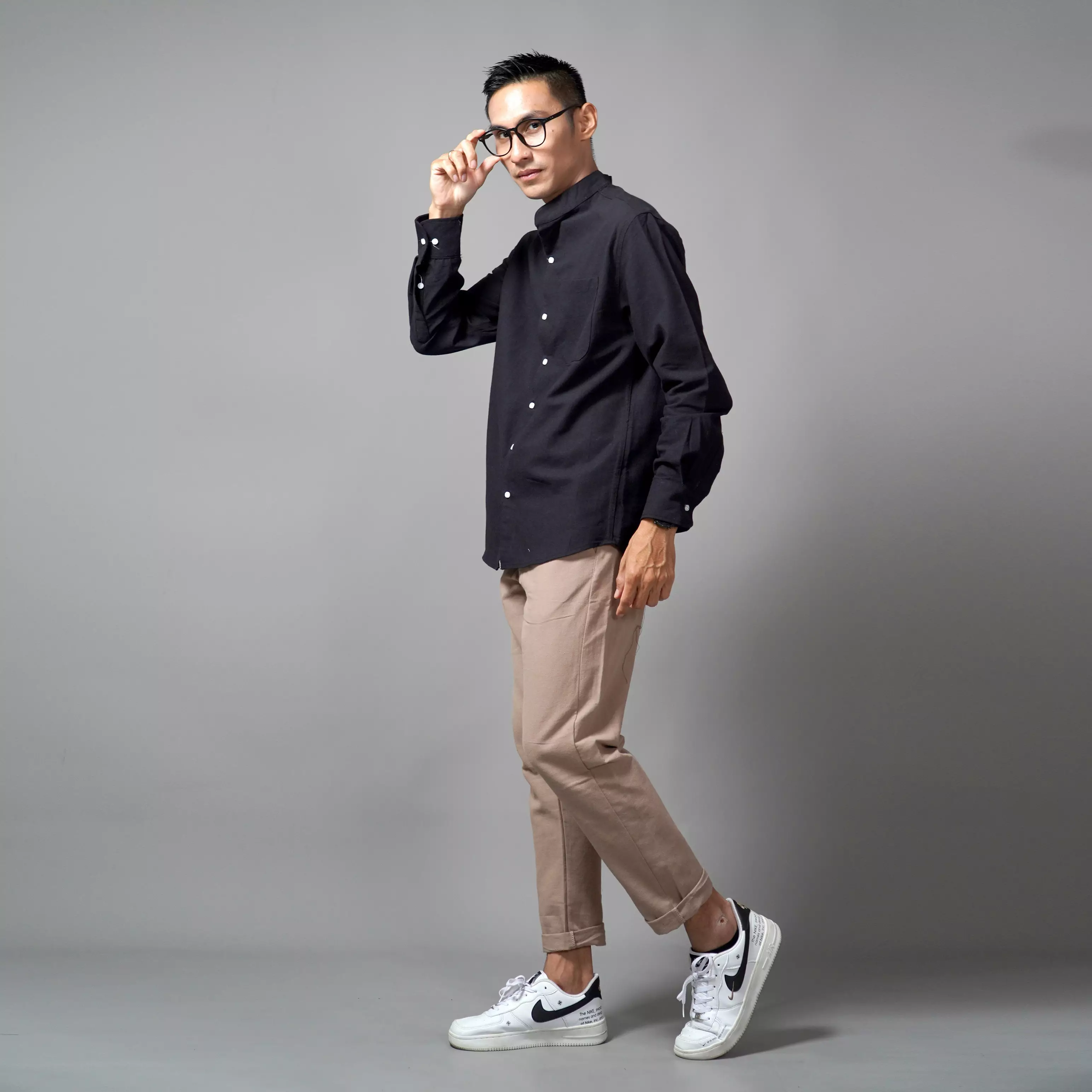 ASHRAF Kemeja Pria Casual Linen Baju Koko Kemeja Lengan Panjang - Hitam