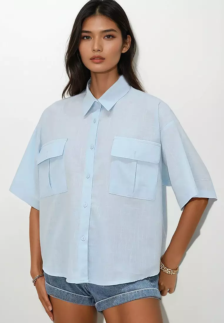 Women's Baby Blue Double Pocket Half Sleeve Linen Shirt Alc-X9991