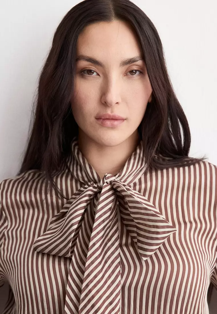 Striped Blouse With Bow Tie Neck