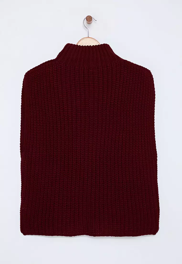 Burgundy Stand Collar Slit Knitwear Sweater